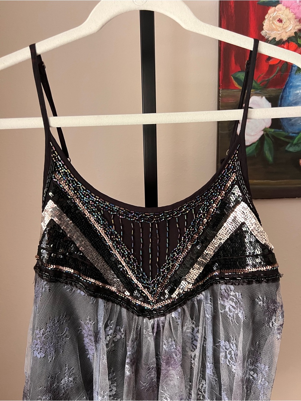 Ecoté urban outfitters Black Sequin Bodice Floral Mesh Slip Dress - Picture 3 of 8